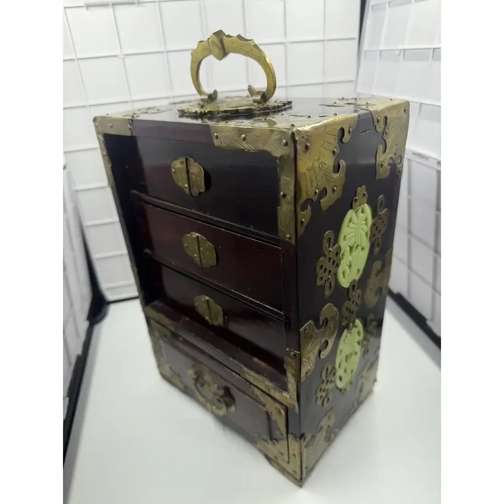 Stunning Antique Asian Jewelry Box w/ Ornate Brass, Chinese Carved Jade Inserts
